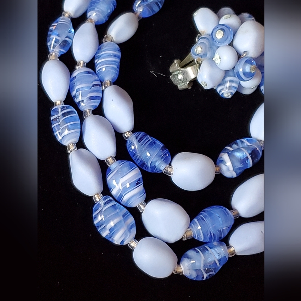 Vintage Denim Blue Swirl Art Glass Set 1950's 60's Japan Spring Summer - Picture 8 of 10